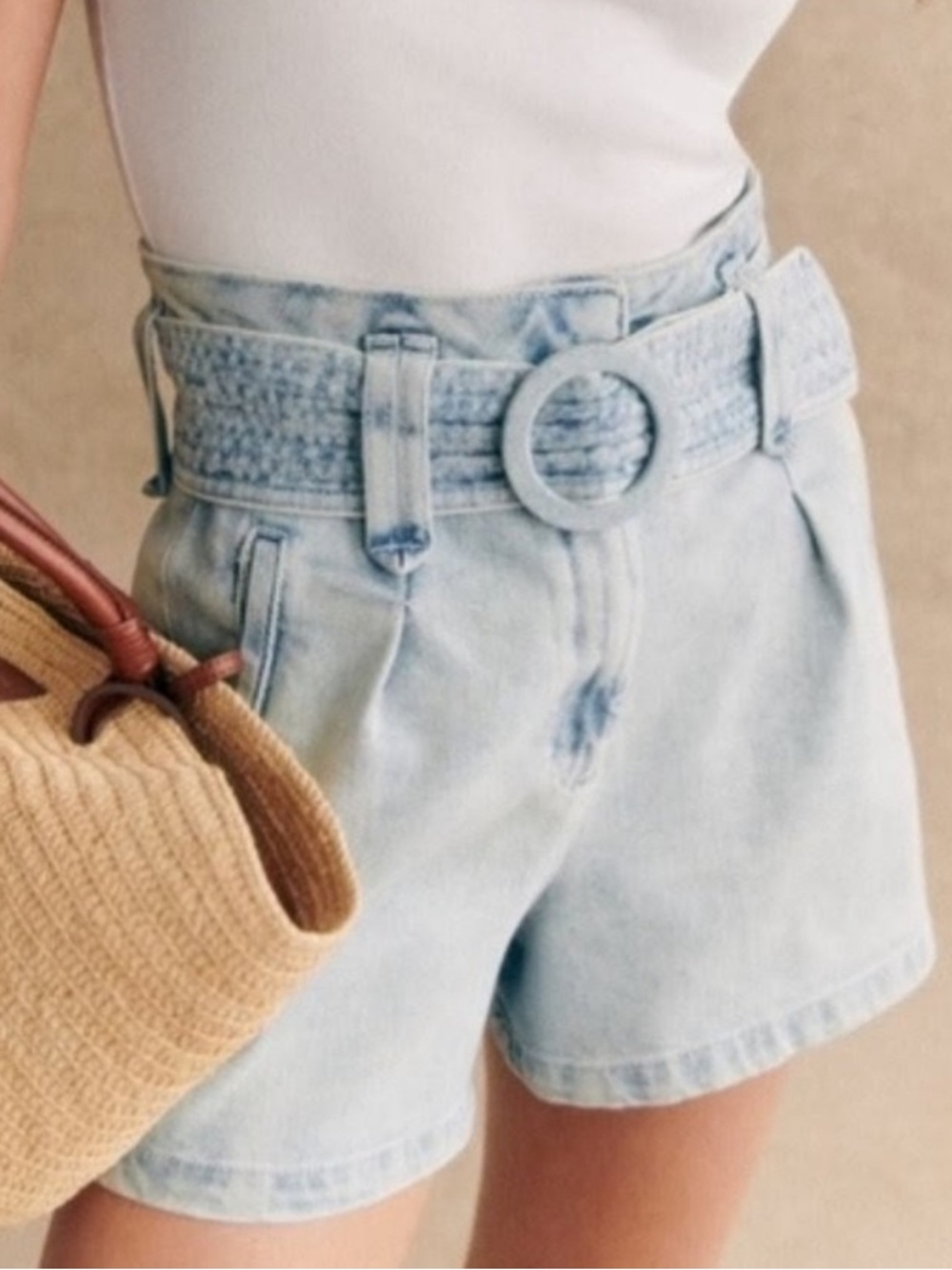 Sezane Light Blue Belted Denim Shorts - Size FR 44/US 12